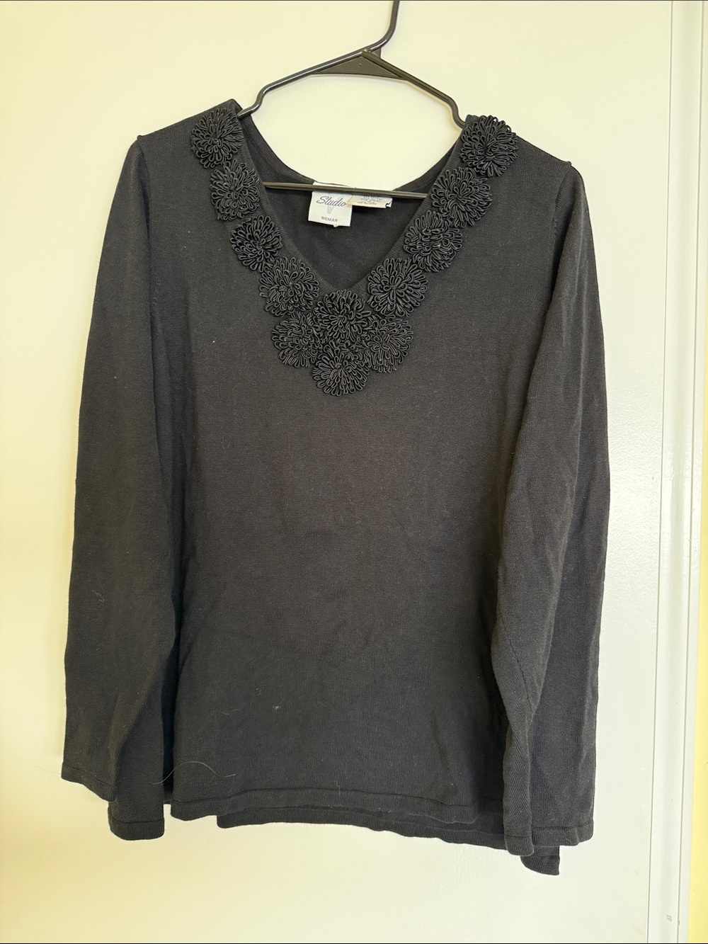St. John's Bay Black Long-Sleeve V-Neck Top with Floral Trim